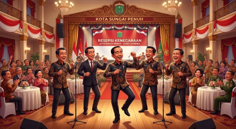 Ilustrasi Pejabat Kota Sungai Penuh berjoget diacara resepsi kenengaran yang di selengggarakan di Gedung Nasional.(poto: AI).