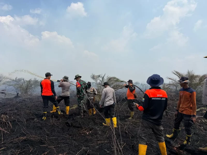 Tim Satgas Karhutla memadamkan api yang membakar lahan gambut di Sungai Gelam.(poto: jambione.com).