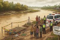 Ilustrasi Dua anak berusia 11 tahun menjadi korban serangan buaya muara di aliran sungai.(poto: AI)