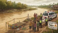 Ilustrasi Dua anak berusia 11 tahun menjadi korban serangan buaya muara di aliran sungai.(poto: AI)
