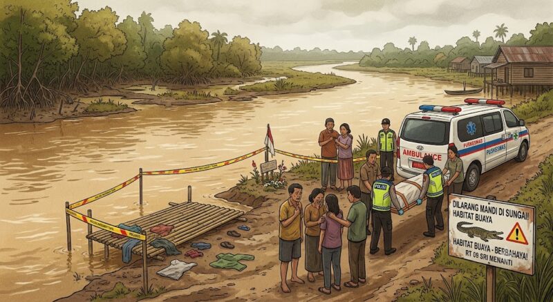 Ilustrasi Dua anak berusia 11 tahun menjadi korban serangan buaya muara di aliran sungai.(poto: AI)