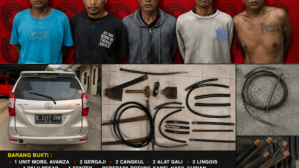 Polres Kerinci menangkap lima pelaku pencurian kabel Telkom di Sungai Penuh saat patroli rutin dini hari.(poto: portalbuana.asia).