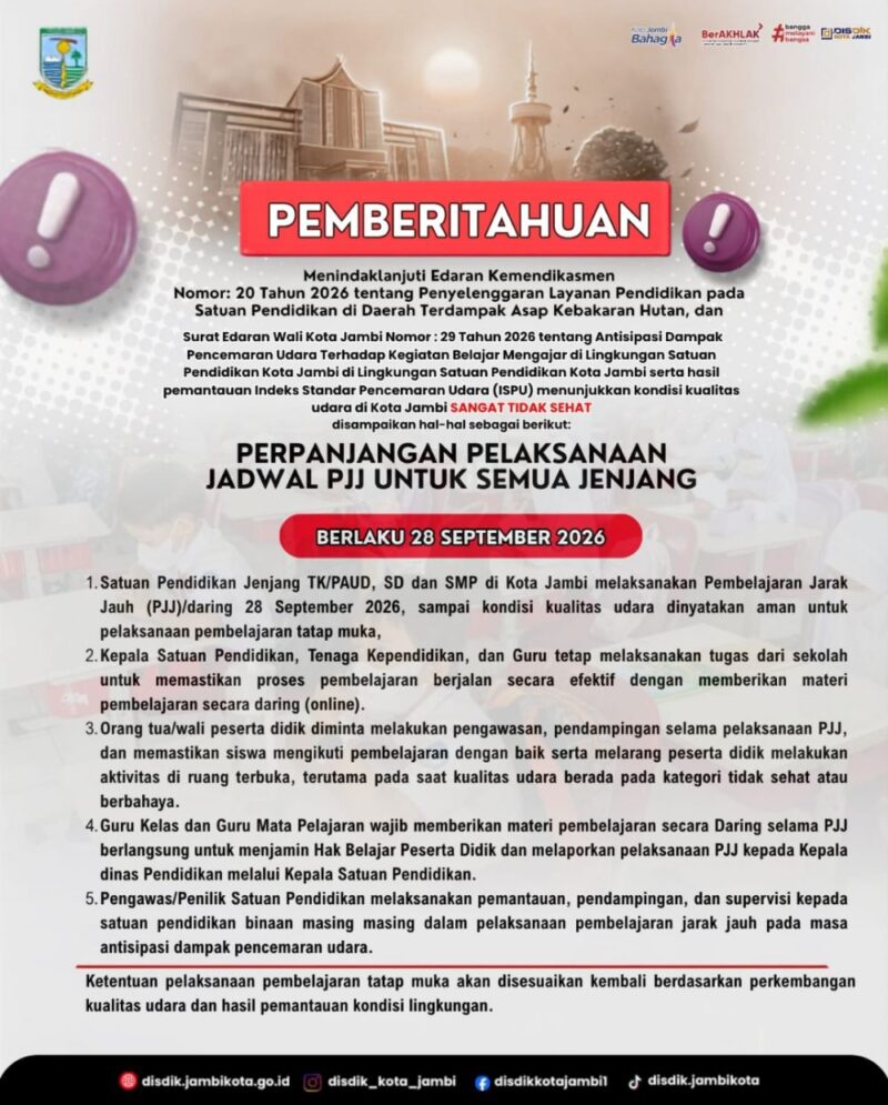 Pemerintah Kota Jambi memperpanjang kebijakan perpanjangan PJJ Kota Jambi bagi seluruh siswa TK, SD, hingga SMP mulai berlaku pada Senin, 28 September 2026.(poto: jambiprima.com).