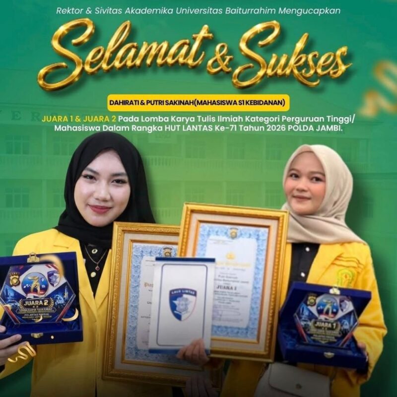Dua mahasiswi Kebidanan UBR Jambi sukses memborong Juara 1 dan 2 LKTI Polda Jambi dalam rangka HUT Lalu Lintas ke-71 tahun 2026.(poto: jamberita.com).