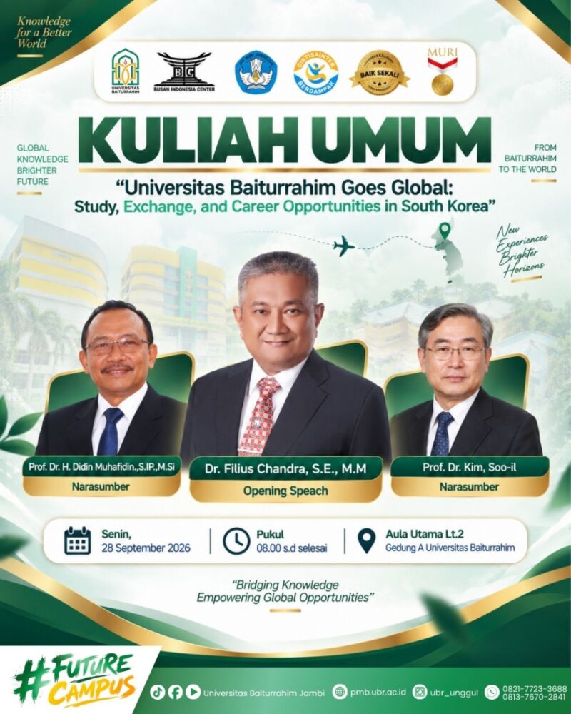 Universitas Baiturrahim Jambi menggelar kuliah umum peluang studi dan karier di Korea Selatan bersama pakar internasional pada Senin (28/9/2026).(poto: jamberita.com).