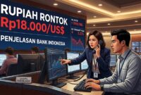 Nilai tukar rupiah rontok penjelasan bi menjadi sorotan utama setelah mata uang Garuda sempat menyentuh level psikologis Rp18.000 per dolar AS.(ilustrasi poto: AI).