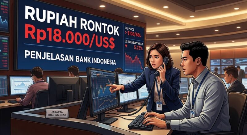Nilai tukar rupiah rontok penjelasan bi menjadi sorotan utama setelah mata uang Garuda sempat menyentuh level psikologis Rp18.000 per dolar AS.(ilustrasi poto: AI).