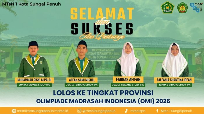 Empat siswa MTsN 1 Kota Sungai Penuh berhasil melaju ke tingkat provinsi setelah menorehkan prestasi dalam Olimpiade Madrasah Indonesia tingkat kota.(poto: mtsn1sungaipenuh.).