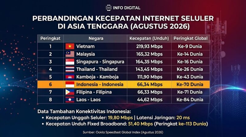 Infografis peringkat kecepatan internet seluler Asia Tenggara Agustus 2026. Indonesia berada di peringkat ke-6.(poto: AI).