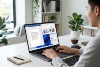 Ilustrasi Pekerja memanfaatkan fitur produktivitas dan tata letak layar Windows di laptop untuk percepat tugas harian di kantor.(poto: AI).