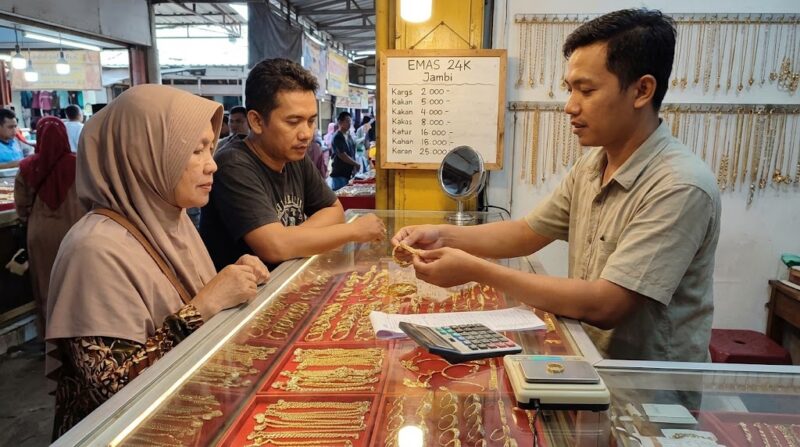 Ilustrasi Pedagang melayani warga yang memilih perhiasan emas di salah satu toko emas kawasan pasar Kota Jambi.(poto: AI).