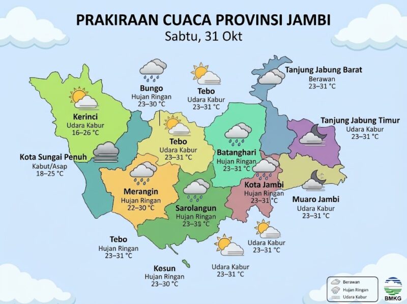 Peta prakiraan cuaca kabupaten dan kota di Provinsi Jambi untuk Sabtu, 31 Oktober.(poto: jemarionline.com).