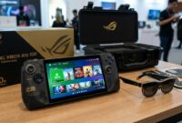 ASUS pamerkan ROG XBOX Ally X20 edisi 20 tahun lengkap dengan AR Glasses dan hard case eksklusif di ajang peluncuran.(ilustrasi poto: AI).