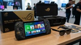ASUS pamerkan ROG XBOX Ally X20 edisi 20 tahun lengkap dengan AR Glasses dan hard case eksklusif di ajang peluncuran.(ilustrasi poto: AI).