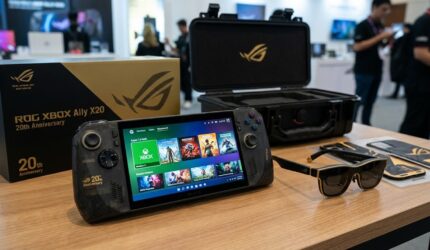 iLUSTRASI Konsol handheld ASUS ROG XBOX Ally X20 edisi 20 tahun bersanding dengan kacamata AR dan koper pelindung Pelican di atas meja pameran.