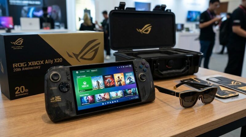 ASUS pamerkan ROG XBOX Ally X20 edisi 20 tahun lengkap dengan AR Glasses dan hard case eksklusif di ajang peluncuran.(ilustrasi poto: AI).