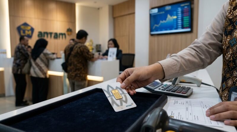 Ilustrasi:Petugas melayani transaksi emas di butik Logam Mulia (12/10/2026). Harga emas Antam 1 gram hari ini naik ke Rp 2.594.000.(poto: AI).
