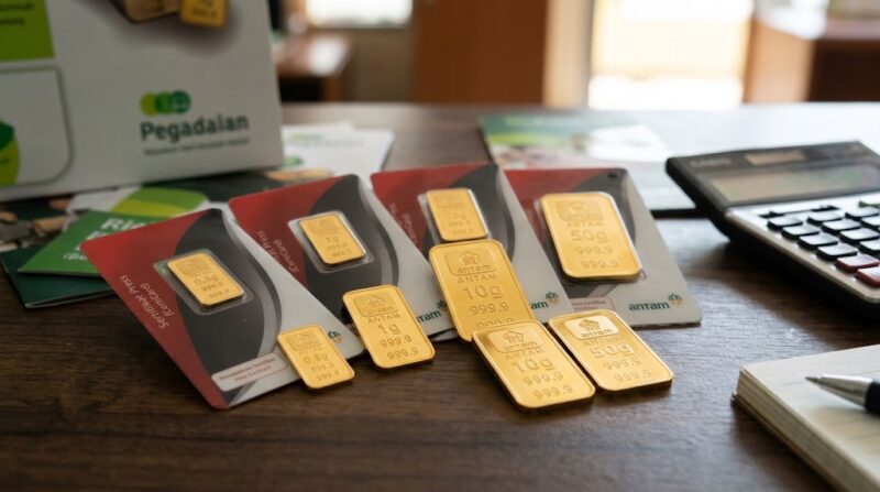 Ilustrasi Emas batangan Antam berbagai pecahan berjajar di meja transaksi Pegadaian lengkap dengan sertifikat resmi, kalkulator, dan catatan investasi.(poto: AI).