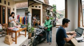 Ilustrasi Ragam aktivitas warga mencari uang tambahan lewat jualan barang bekas, ojek online, dan kerja sampingan di rumah.(poto: AI).