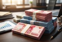 Ilustrasi tumpukan uang rupiah dan grafik pertumbuhan ekonomi yang menggambarkan lonjakan realisasi investasi Kota Jambi hingga menembus target tahunan pada 2026.