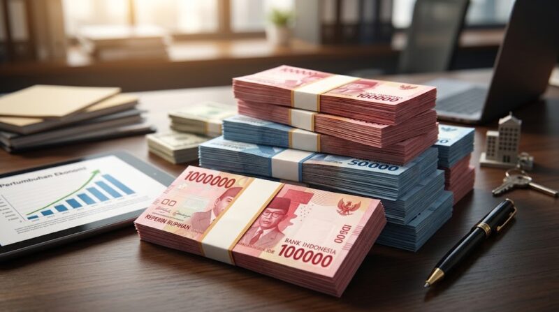 Ilustrasi tumpukan uang rupiah dan grafik pertumbuhan ekonomi yang menggambarkan lonjakan realisasi investasi Kota Jambi hingga menembus target tahunan pada 2026.