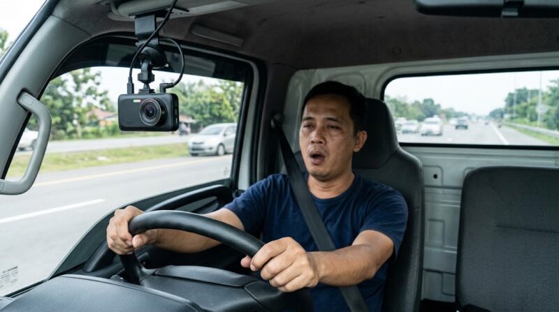 Ilustrasi: Kamera pintar AI memantau sopir truk yang mengantuk secara langsung guna mencegah risiko kecelakaan lalu lintas.(AI).