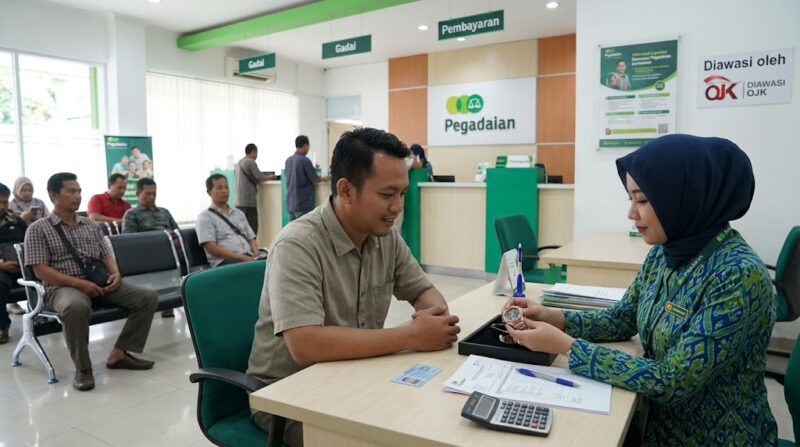 Petugas menaksir arloji nasabah di Pegadaian untuk pinjaman resmi tanpa BI Checking dengan jaminan barang bernilai.(poto: AI).