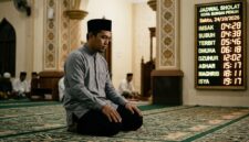 Ilustrasi Sore hari tenang di sebuah masjid Kota Sungai Penuh, warga khusyuk sholat dekat jadwal digital 24 Oktober 2026.(poto: AI).