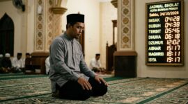 Ilustrasi Sore hari tenang di sebuah masjid Kota Sungai Penuh, warga khusyuk sholat dekat jadwal digital 24 Oktober 2026.(poto: AI).