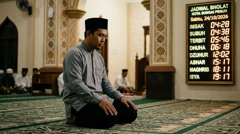 Ilustrasi Sore hari tenang di sebuah masjid Kota Sungai Penuh, warga khusyuk sholat dekat jadwal digital 24 Oktober 2026.(poto: AI).