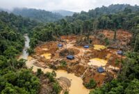 Ilustrasi: Kerusakan parah hutan TNKS Kerinci akibat aktivitas tambang emas ilegal yang kini dalam penyelidikan aparat.(poto: AI).