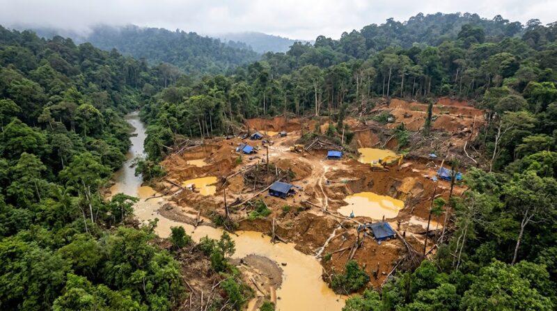 Ilustrasi: Kerusakan parah hutan TNKS Kerinci akibat aktivitas tambang emas ilegal yang kini dalam penyelidikan aparat.(poto: AI).