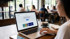 Ilustrasi Seorang perempuan mengecek keaslian berkas digital di situs web SynthID Detector lewat laptop di kafe.(poto: AI).