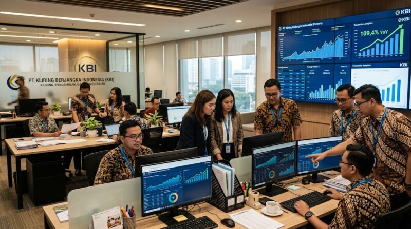 Ilustrasi Suasana kerja di kantor PT Kliring Berjangka Indonesia (KBI), yang mencatat lonjakan transaksi 109,4% hingga September 2026.(poto: AI).