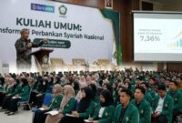 Ilustrasi Dirut Bank BSN Alex Sofjan Noor mengisi kuliah umum perbankan syariah di UINSU Medan.(poto: AI).