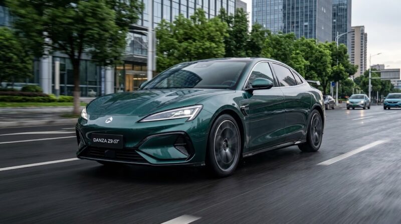 Ilustrasi Mobil listrik Danza Z9 GT melaju kencang di jalan perkotaan, menampilkan desain bodi sporty dan modern berwarna hijau.(poto: AI).