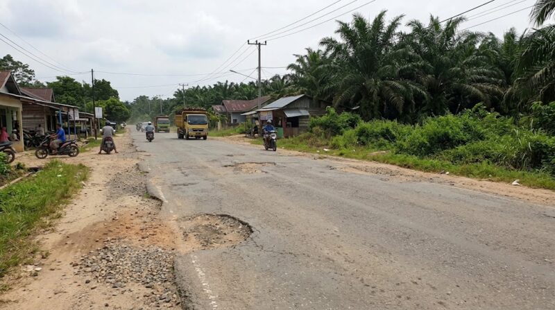 Ilustrasi: Kondisi jalan rusak penuh lubang di kawasan Sengeti, Muaro Jambi, yang kini siap diperbaiki melalui proyek preservasi.(poto: AI).