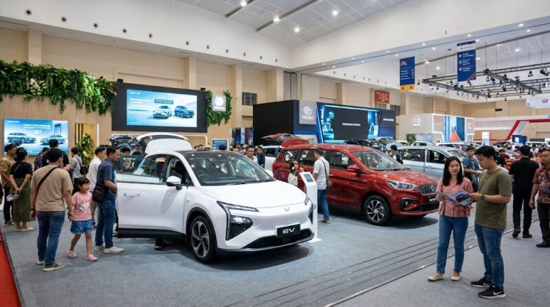 Pengunjung mengamati deretan mobil baru dan kendaraan listrik di pameran otomotif Indonesia 2026.