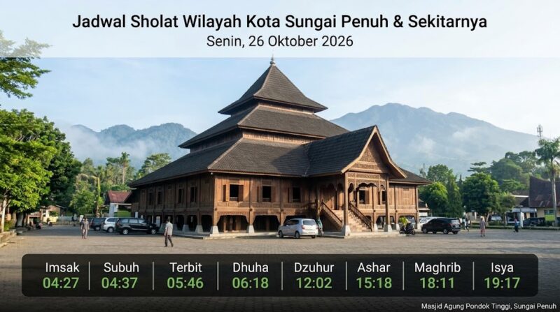 Jadwal sholat Kota Sungai Penuh Senin, 26 Oktober 2026 berlatar Masjid Agung Pondok Tinggi dan panorama bukit yang asri.(poto: AI).