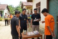 Ilustrasi: Pelaku pencurian di Sarolangun (baju oranye) menunjukkan barang bukti emas dan uang saat pemeriksaan oleh polisi.(poto: AI).
