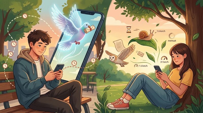 Ilustrasi: Anak muda gunakan aplikasi pesan lambat untuk nikmati interaksi digital yang lebih tenang dan bermakna.(poto: AI).