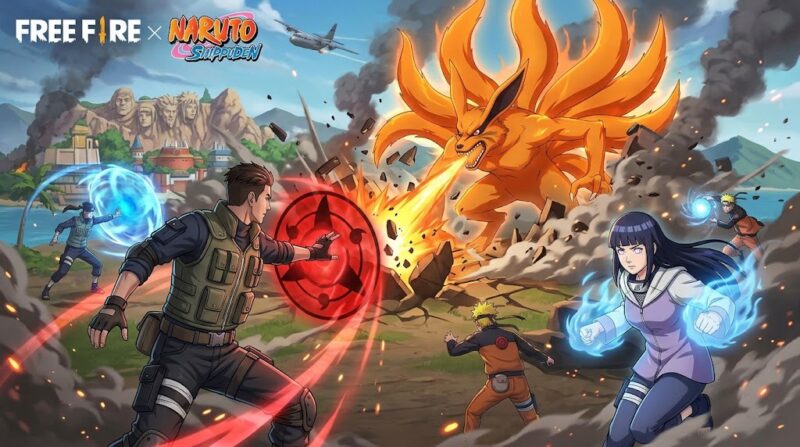 Ilustrasi Aksi seru kolaborasi Free Fire x Naruto Shippuden, hadirkan amukan Rubah Ekor Sembilan dan jutsu khas di Bermuda.(poto: AI).