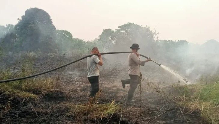 Tim gabungan bergerak cepat memadamkan peristiwa kebakaran lahan di Muaro Jambi yang melanda kawasan RT 06, Desa Sumber Jaya, Kecamatan Kumpeh Ulu, Jumat (2/10/2026).(poto: jambiprima.com).