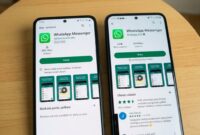 Perbandingan tampilan aplikasi WhatsApp palsu berlabel iklan dan versi resmi WhatsApp LLC di Google Play Store Android.(poto: AI).