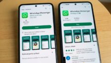 Perbandingan tampilan aplikasi WhatsApp palsu berlabel iklan dan versi resmi WhatsApp LLC di Google Play Store Android.(poto: AI).