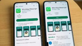 Perbandingan tampilan aplikasi WhatsApp palsu berlabel iklan dan versi resmi WhatsApp LLC di Google Play Store Android.(poto: AI).
