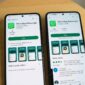 Perbandingan tampilan aplikasi WhatsApp palsu berlabel iklan dan versi resmi WhatsApp LLC di Google Play Store Android.(poto: AI).