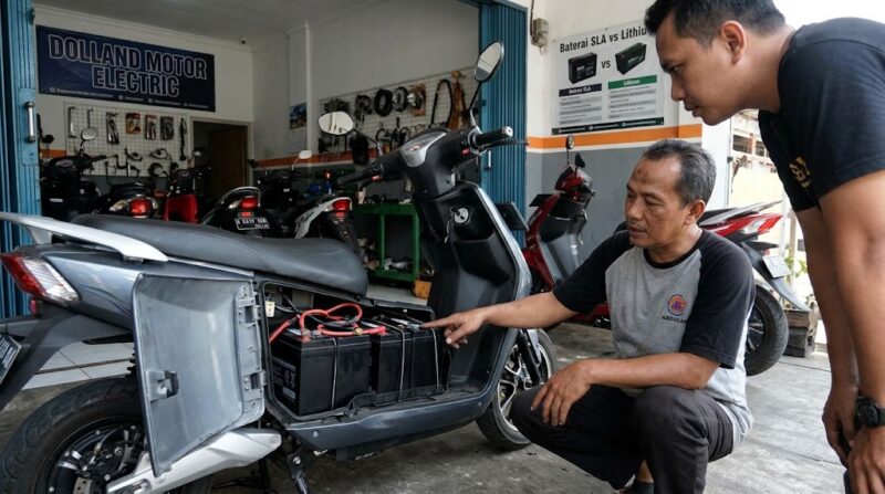 Ilustrasi Mekanik memeriksa rangkaian baterai SLA pada kompartemen motor listrik di sebuah bengkel servis kendaraan listrik.(poto: AI).