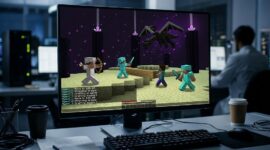 Simulasi empat agen AI Gemini saat berkoordinasi melawan Ender Dragon di game Minecraft.(poto: AI).