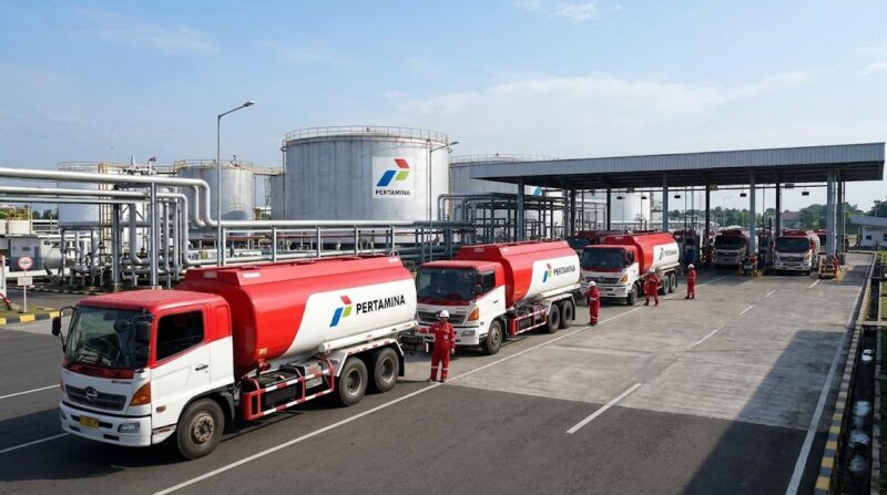 Ilustrasi Deretan armada mobil tangki Pertamina bersiap mendistribusikan pasokan BBM dari fasilitas terminal pengisian bahan bakar.(poto: AI).